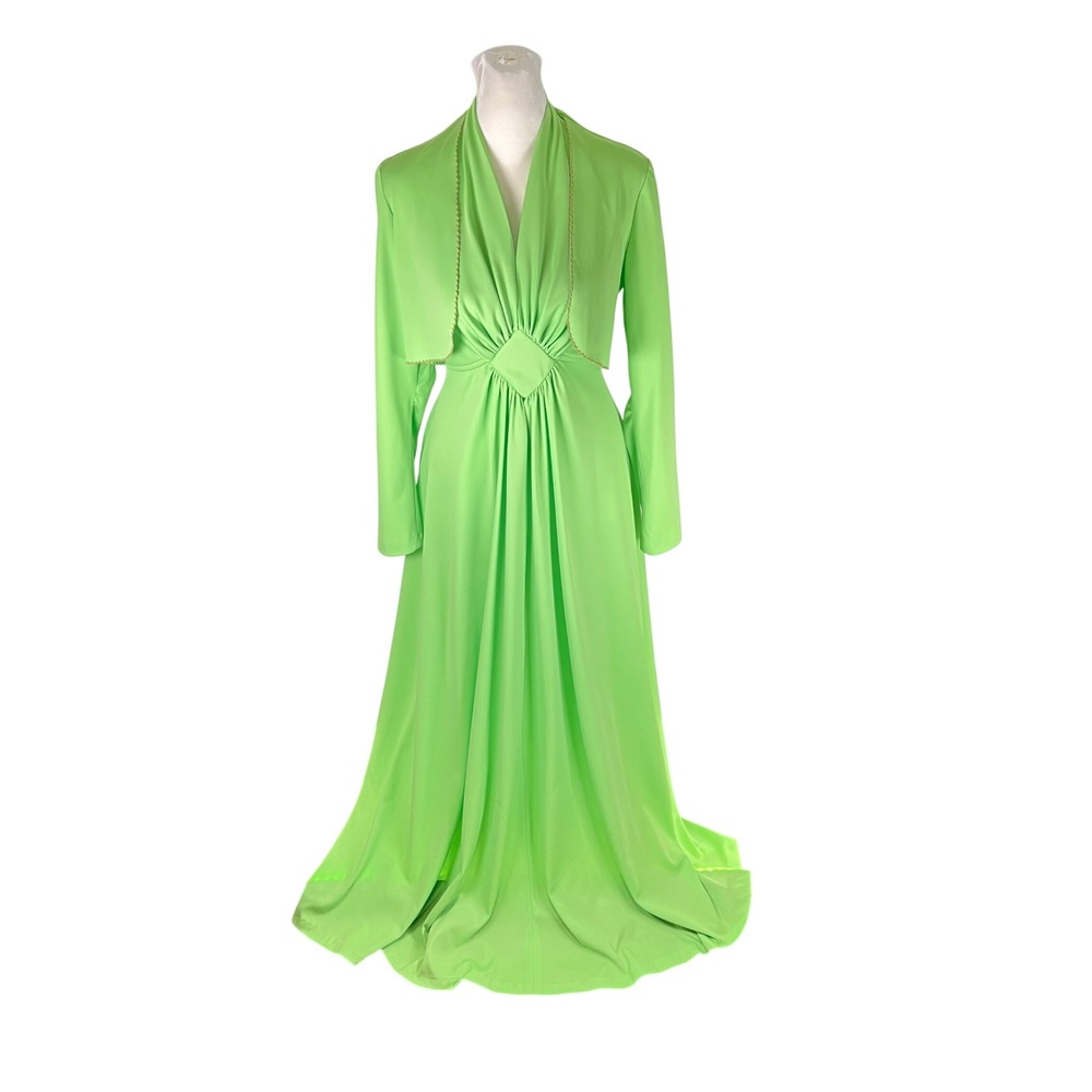 Vintage 70s Lime Green Halter Maxi Dress Bolero Jacket Set Neon Disco Gown‎